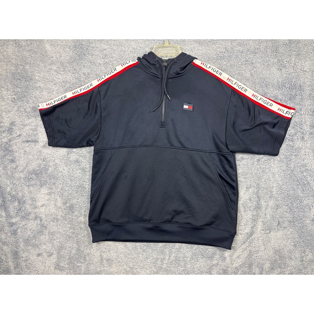 Tommy Hilfiger Mens M Navy Short Sleeve Hoodie Taped Logo Quarter Zip C8878D5088